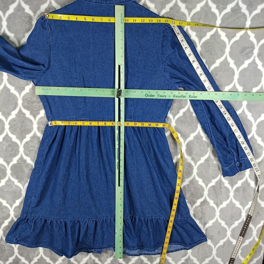 Denim Mini Dress Size Medium Blue Long Sleeve Cottage Cowgirl Western Ruffle - Picture 4 of 8